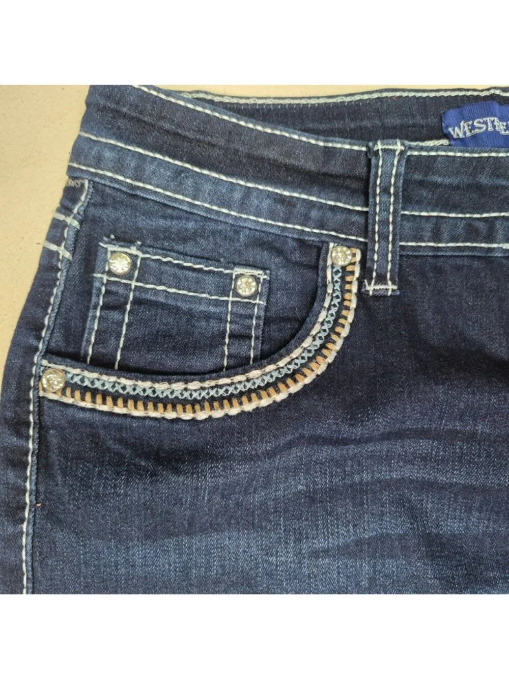 Westfield Eagle Womens Blue Jeans Embellished Straight Boho Dark Wash Sz 9 29/32